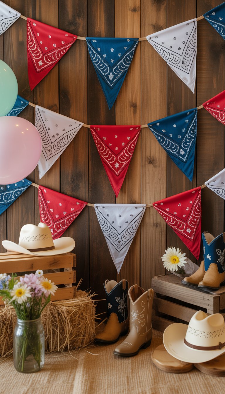 A baby shower setup with Western bandana bunting, cowboy hats, boots, hay bales, balloons, and wildflowers arranged on a rustic wooden background.